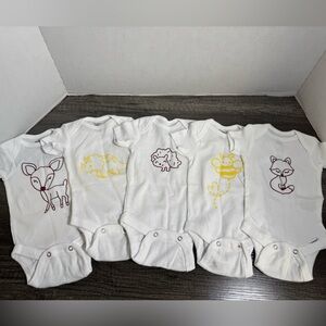 Set of 5 White Baby Onesies with Animal Prints